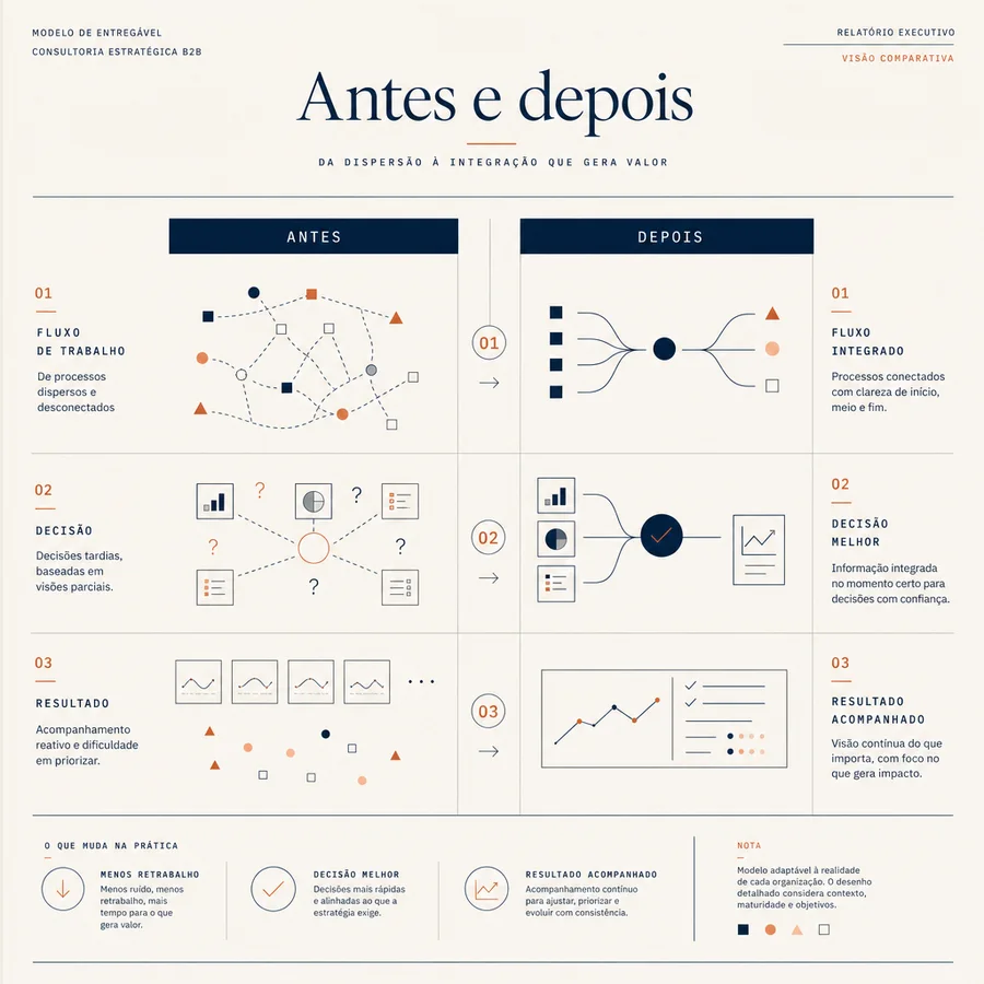 Representação visual comparando processo, decisão e resultado antes e depois