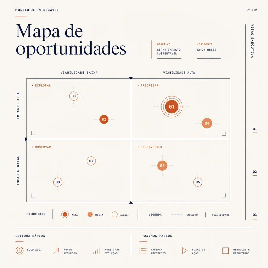 Representação visual de uma matriz de oportunidades por impacto, viabilidade e prioridade